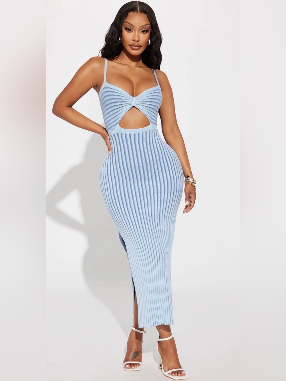 NWT Fashion Nova Nora Blue Ribbed Knit Cutout Maxi Dress Size M